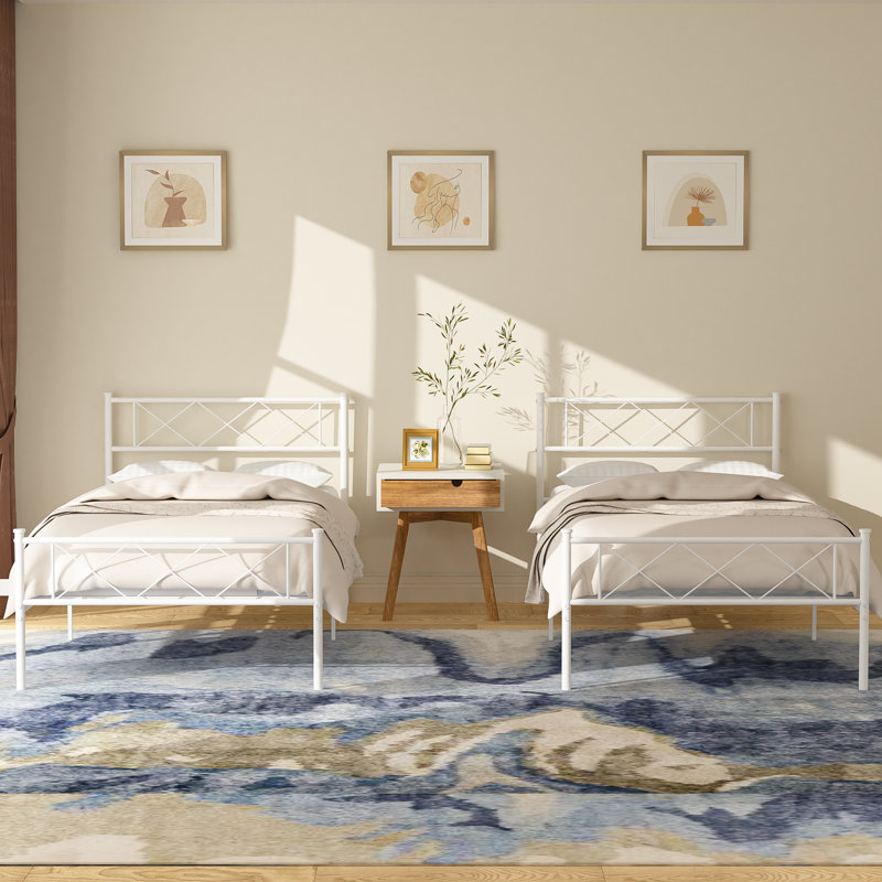 Twin Size Metal Bed Frame with Vintage Headboard and Footboard Farmhouse Platform Bed Set of 2 Ebern Designs Color White